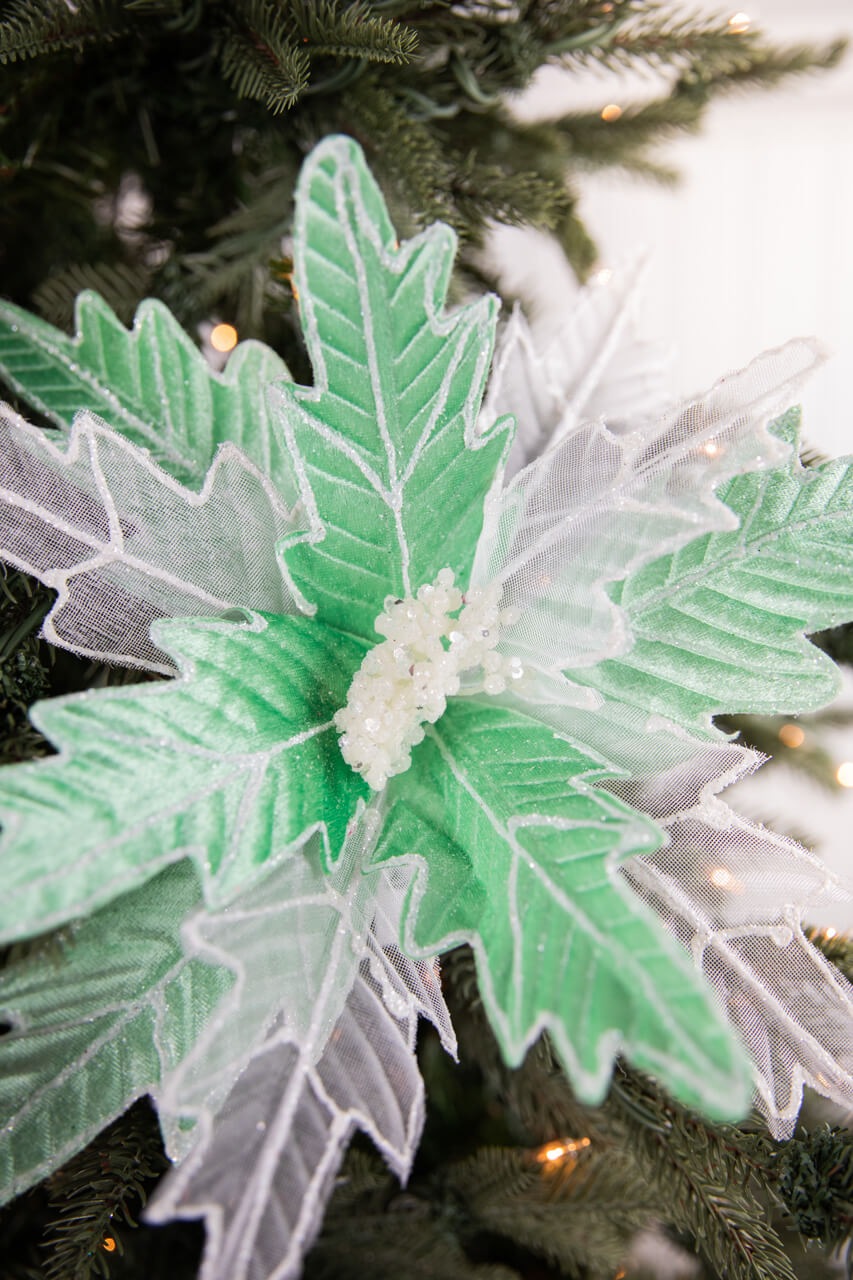 24” x 13" Green & White Frosted Glitter Poinsettia Stem