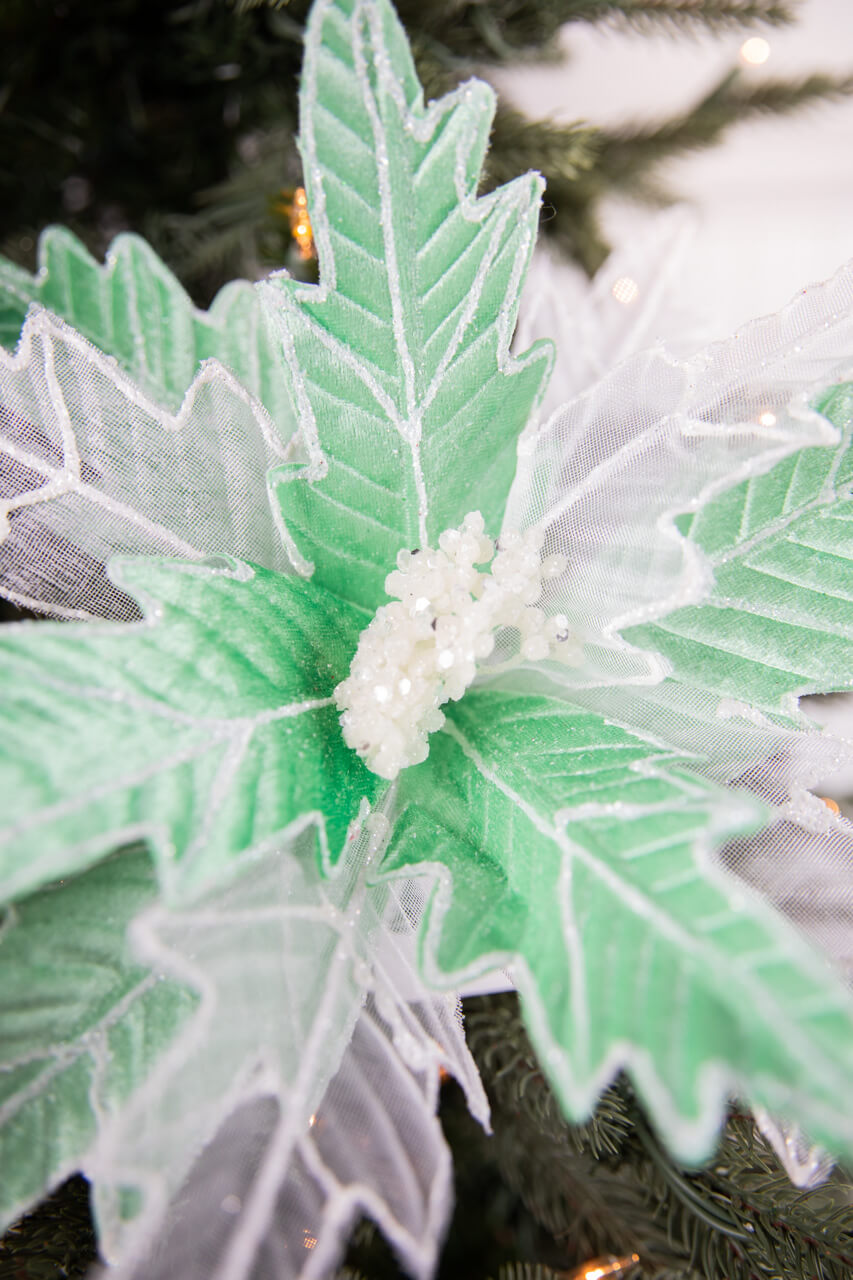24” x 13" Green & White Frosted Glitter Poinsettia Stem