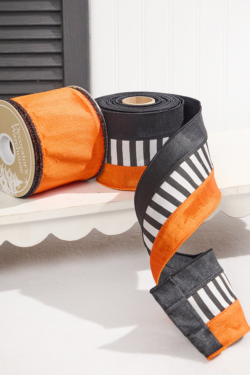 4" x 10 Yard Black and White Striped Halloween Ribbon