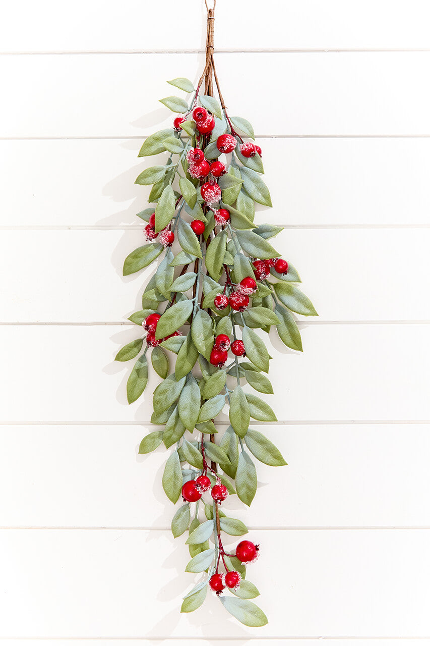 31" Iced Red Berry Leaves Teardrop