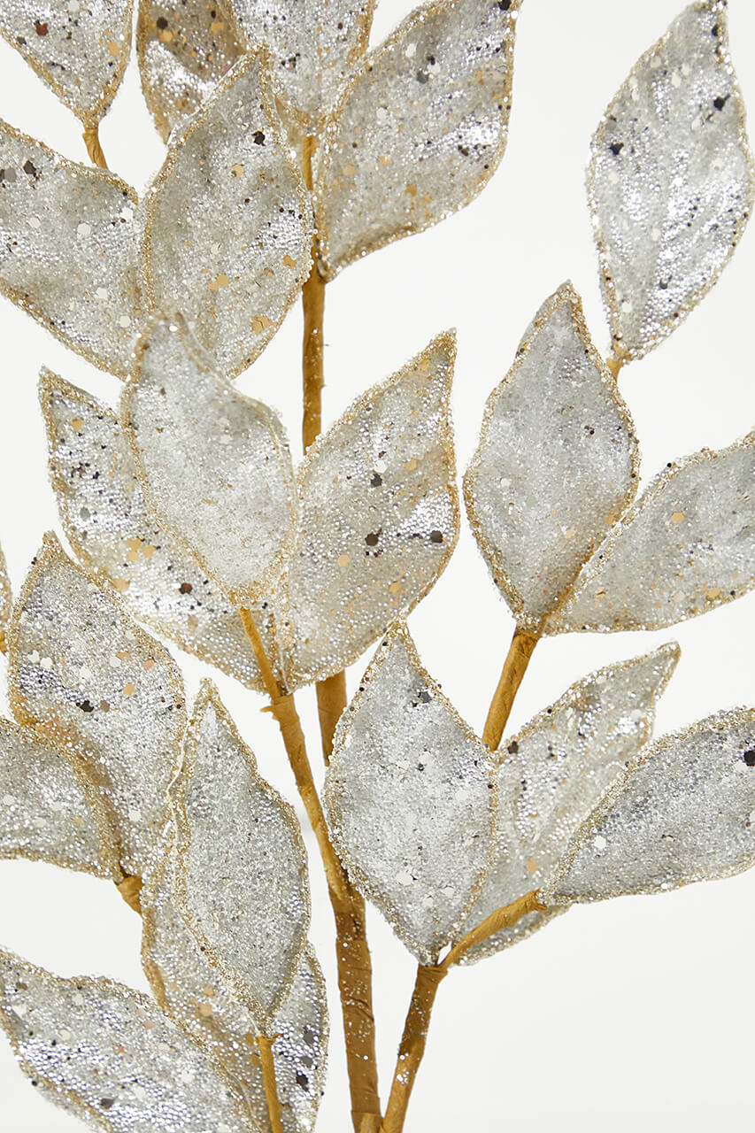 29" Micro Beaded/Sequins Bay Leaf Spray - Platinum