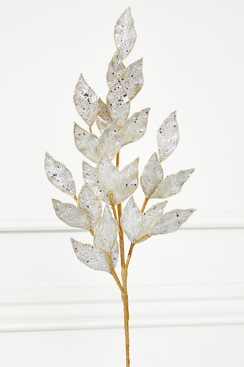 29" Micro Beaded/Sequins Bay Leaf Spray - Platinum