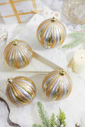 4" Gold/Silver Stripe Mercury Ball Ornament Box - Set of 4