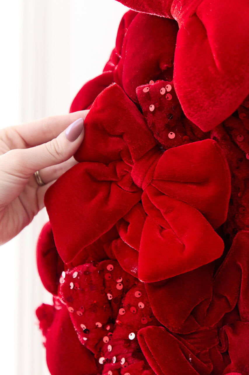 40" Red Velvet Sequin Bow Potted Cone Topiary