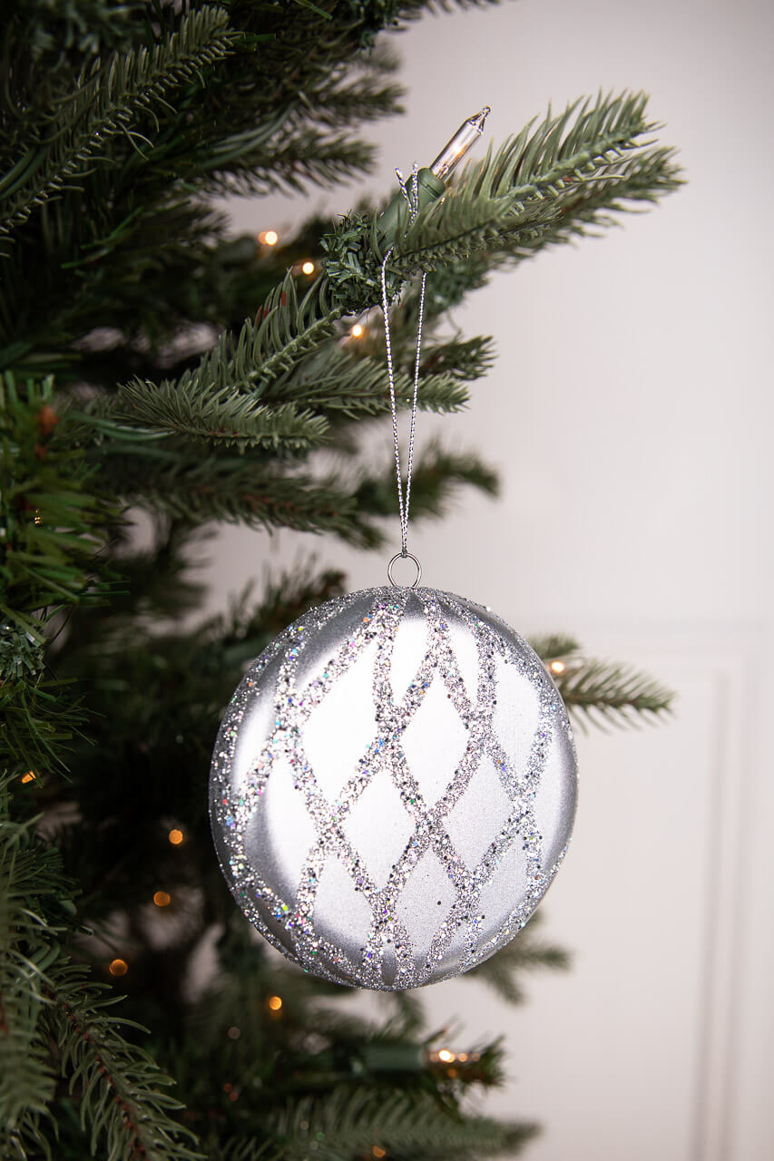 10cm Matte Glitter Flat Round Ornament - Silver