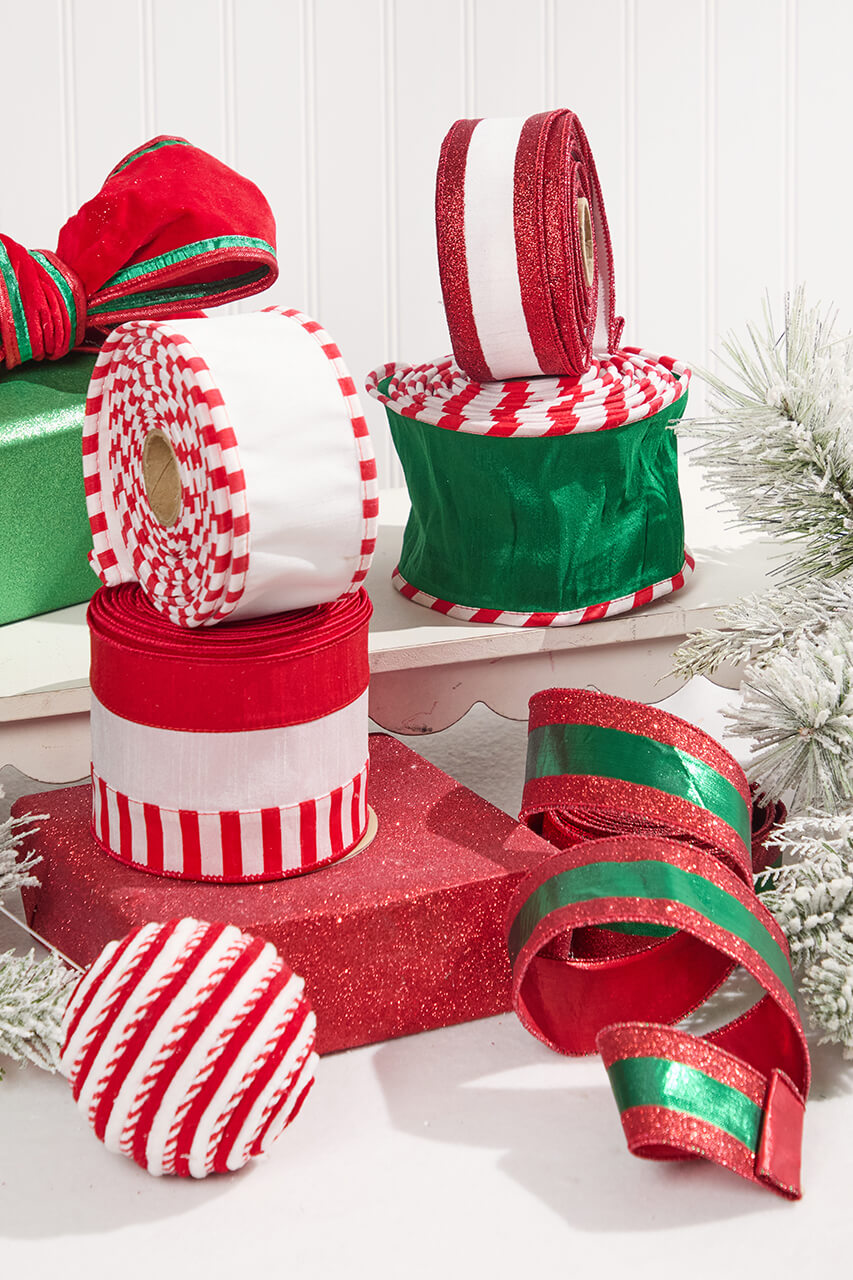 4" x 10 Yard Green Dupioni with Red & White Piping Ribbon