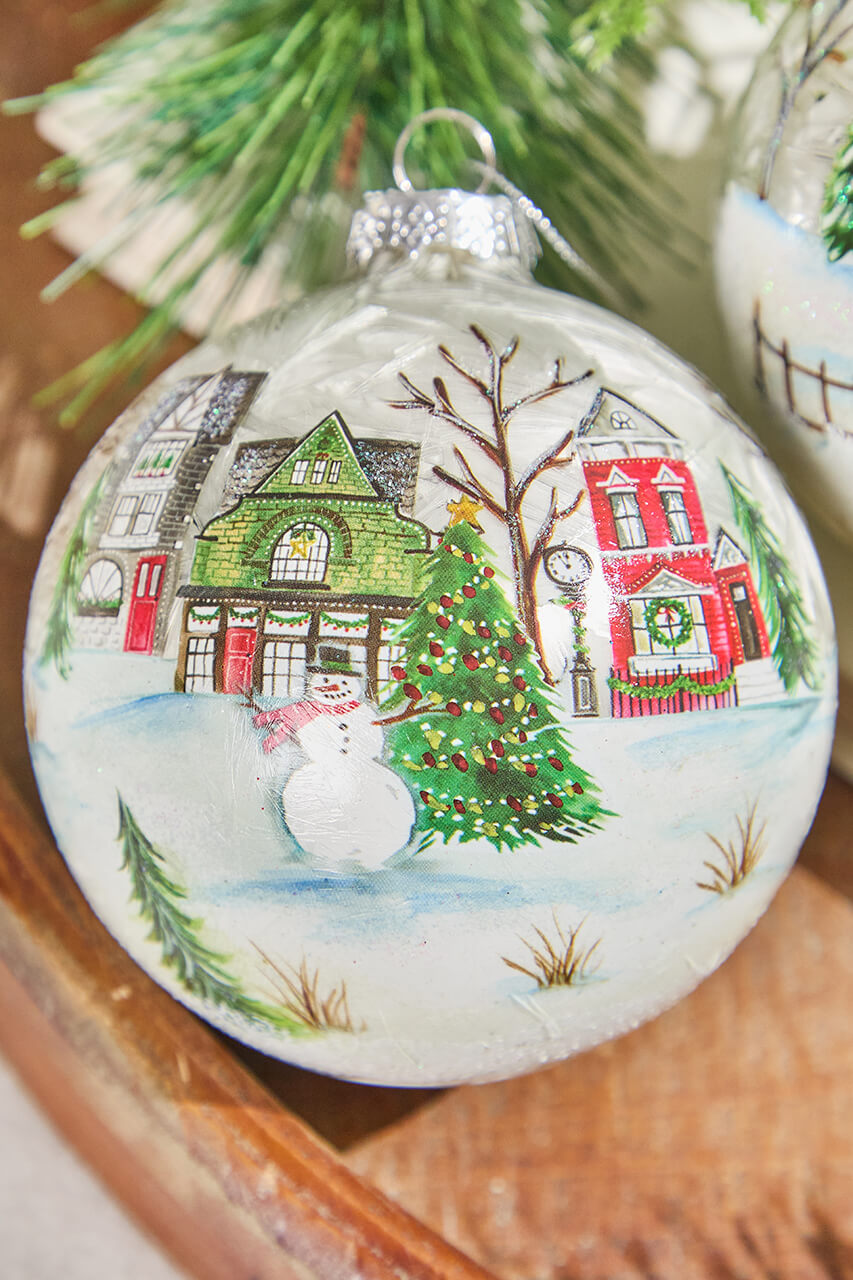 4" Village Scene Glass Ornament