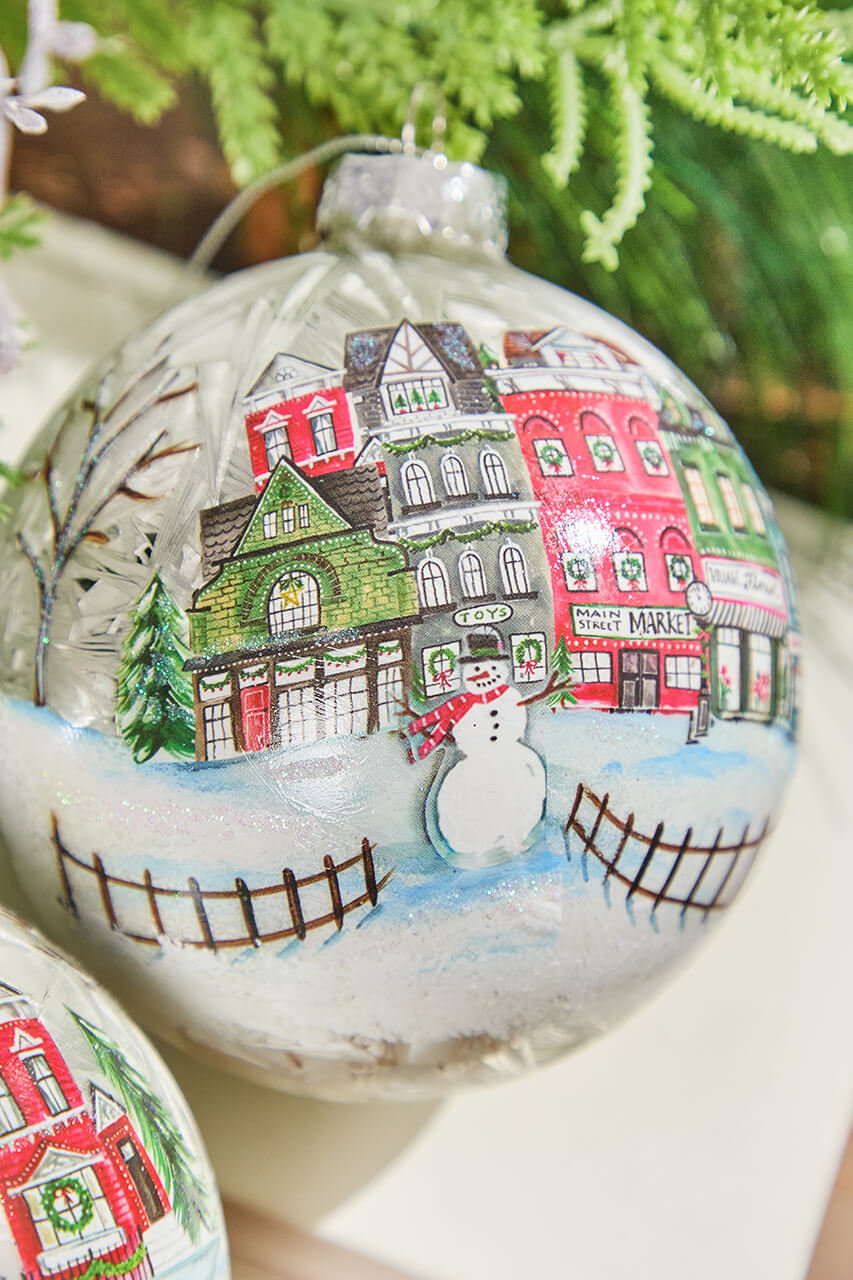 4" Village Scene Glass Ornament