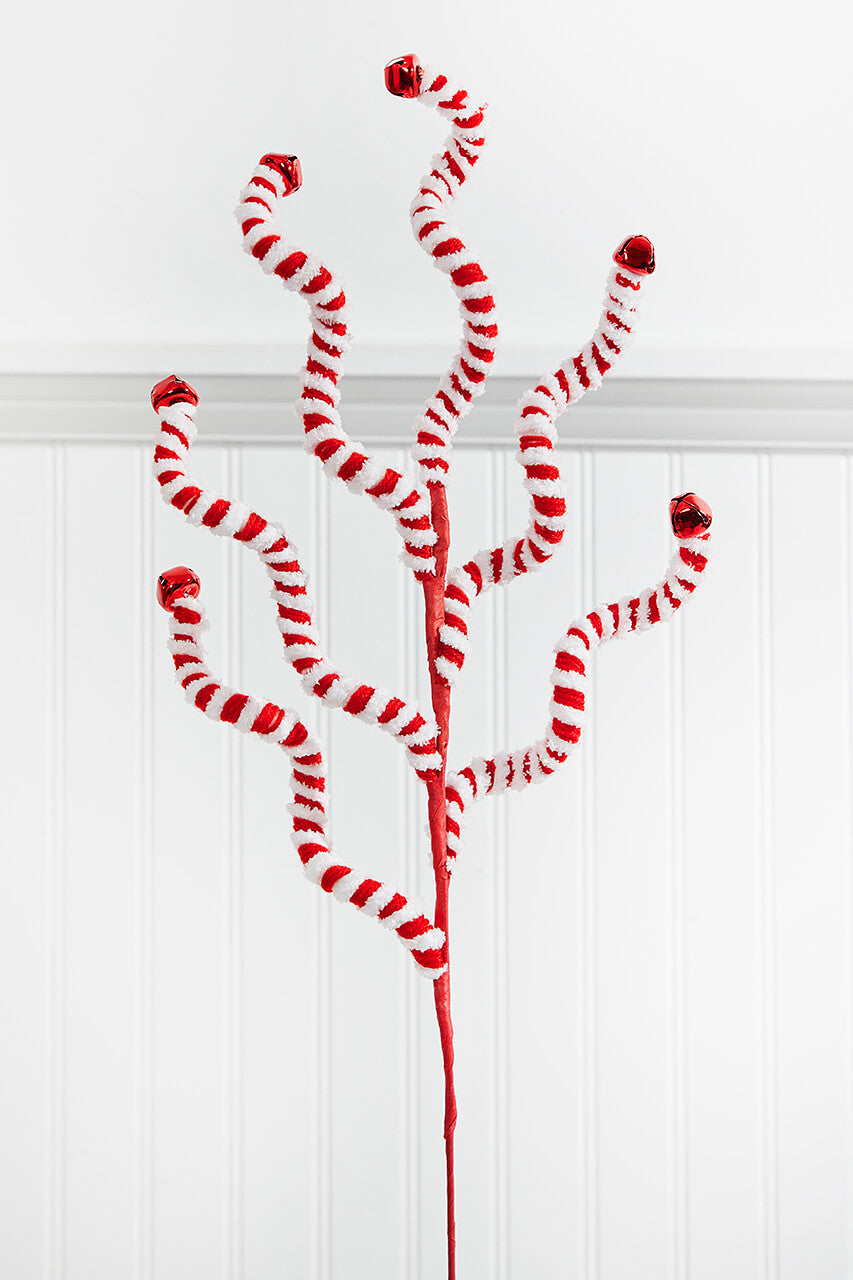 24" Red and White Fabric Peppermint Stripe Jingle Bell Spray
