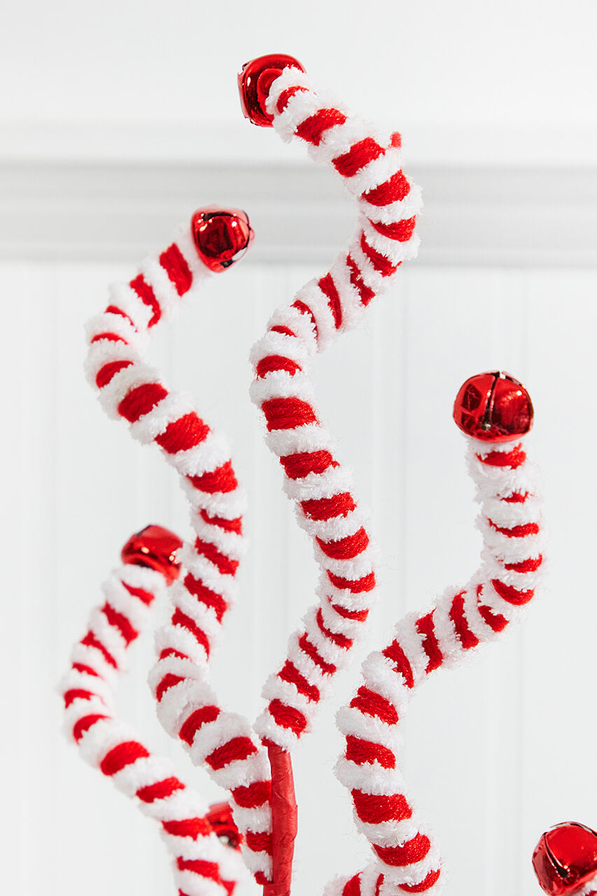 24" Red and White Fabric Peppermint Stripe Jingle Bell Spray