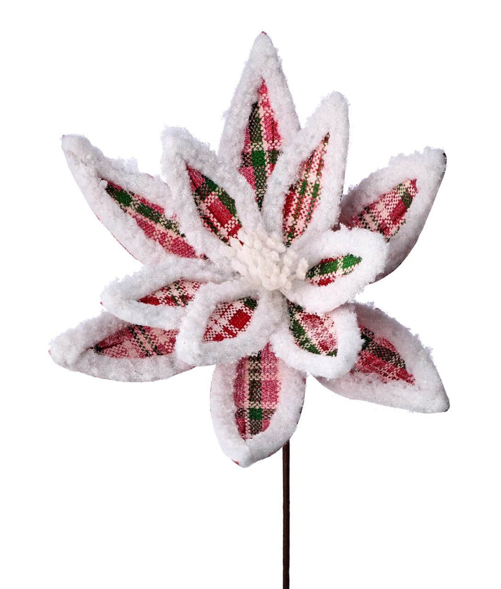 24” x 13" Glitter Fur Edge Plaid Poinsettia Stem