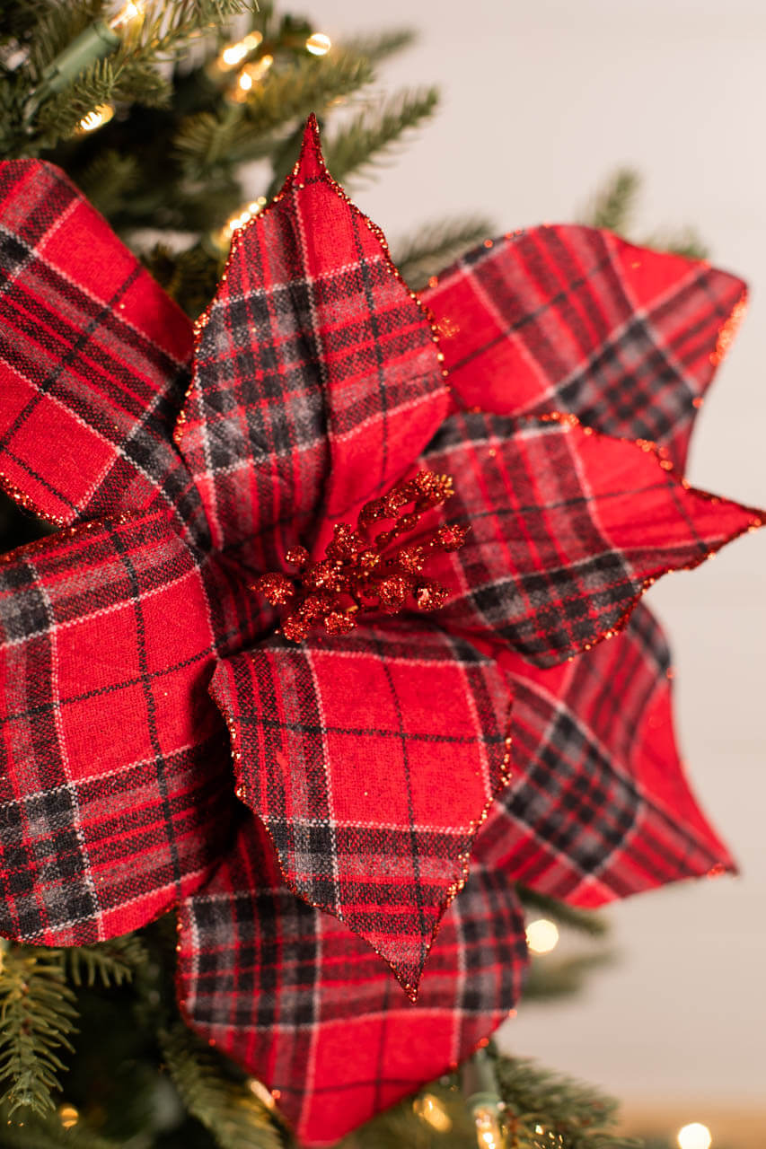 22” x 13” Plaid Poinsettia Stem Red