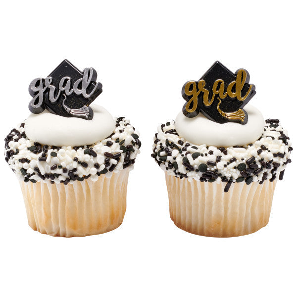 Graduation cupcake ring toppers GOLD Grad hats - 12 Gold count