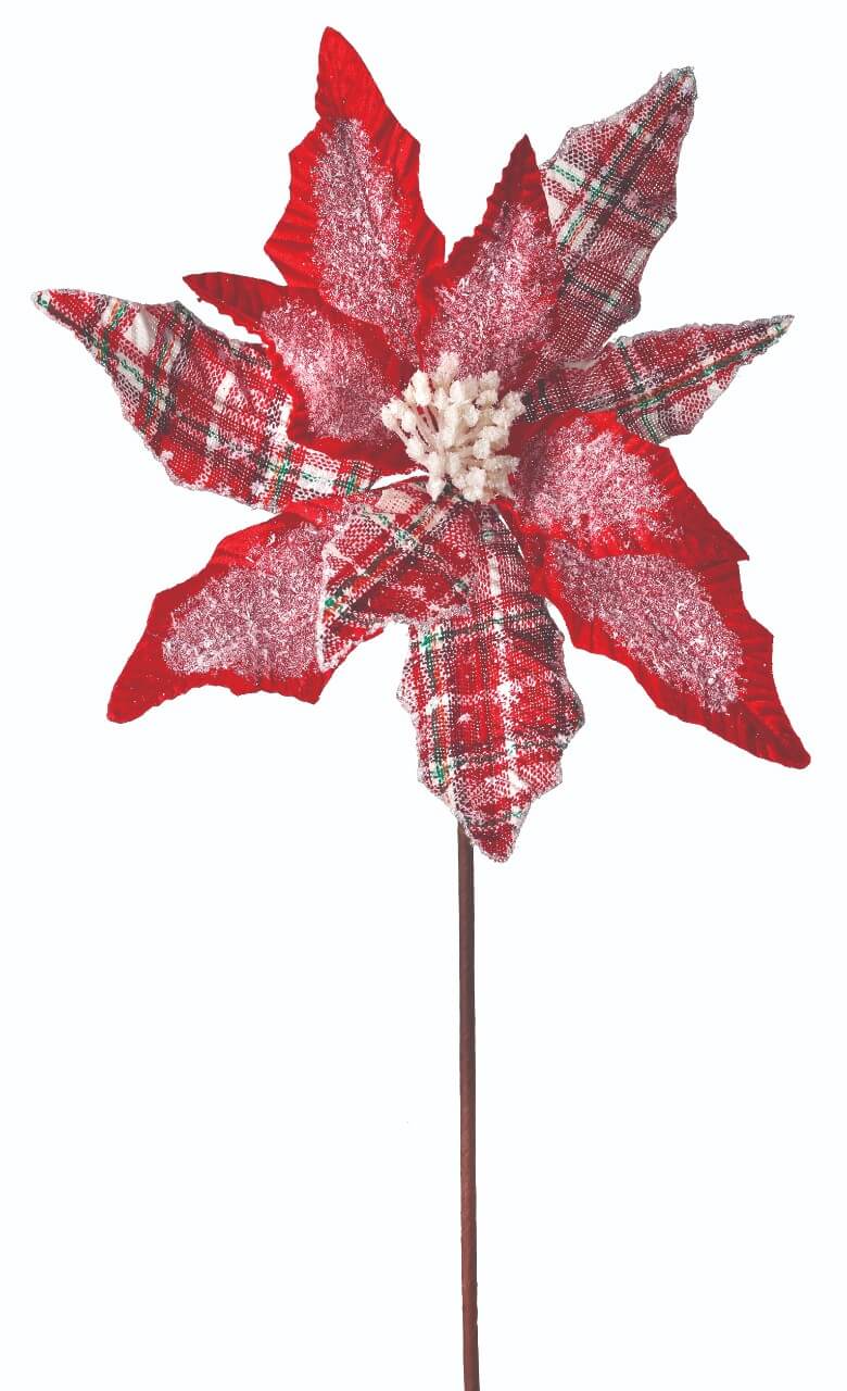 34” x 13" Frost Snowflake Plaid Velvet Poinsettia Stem