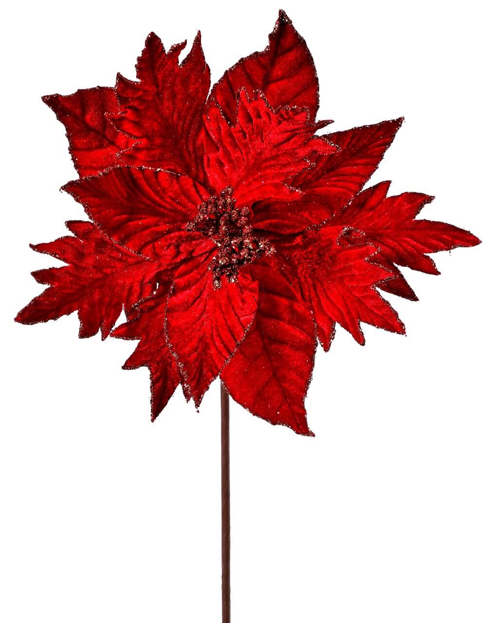 20” x 12" Red Velvet Gold Mix Glitter Poinsettia Stem