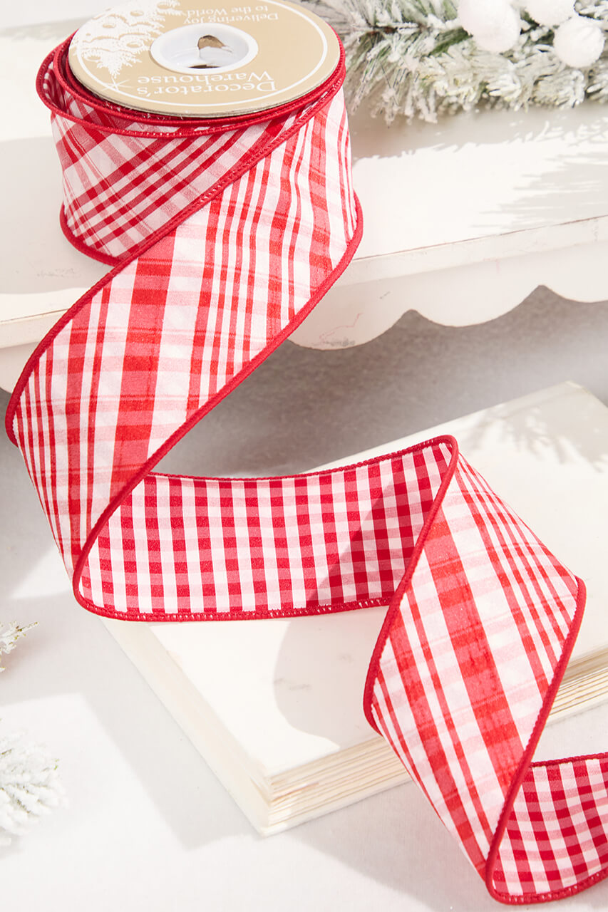 2.5" x 10 Yard Double Sided Red & White Gingham Diagonal Plaid Ribbon