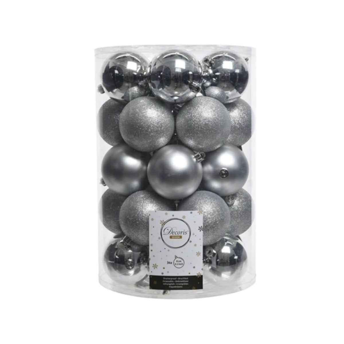 8cm Silver Shatterproof Christmas Ornaments - Set of 34