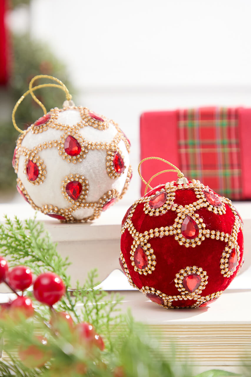 4" Ivory Velvet with Jewel & Rhinestone Ball Ornament