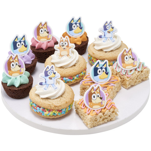 Bluey So Much Fun Rings, 72 Cupcake Decorations Featuring Bluey, Bingo, Bandit, and Chilli, 3D Food Safe Cake Toppers – 72 Pack